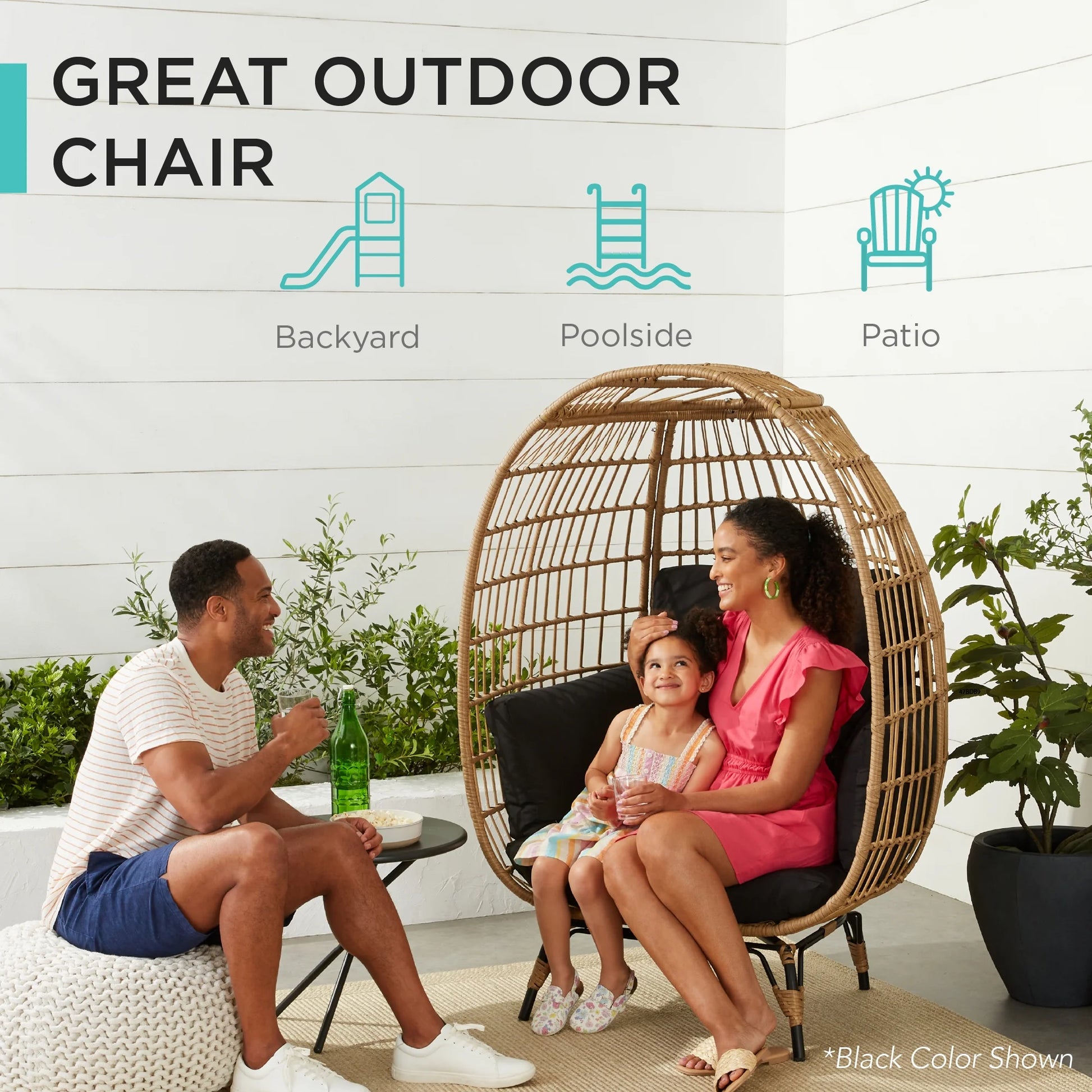 Wicker Egg Chair Oversized Indoor Outdoor Patio Lounger W/ Steel Frame - Navy