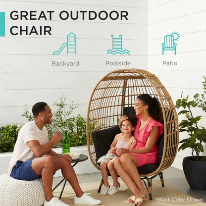 Wicker Egg Chair Oversized Indoor Outdoor Patio Lounger W/ Steel Frame - Navy