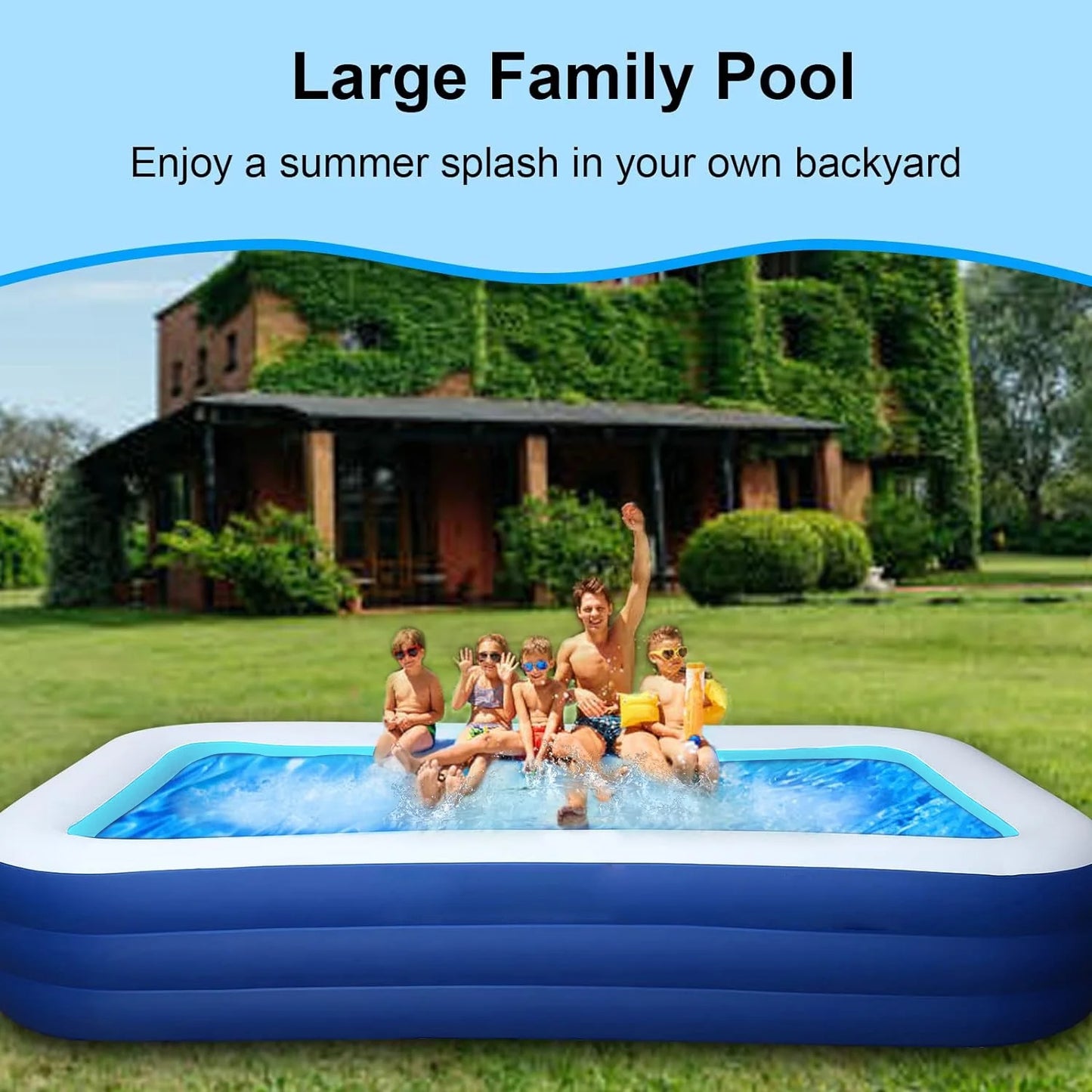 Inflatable Pool for Kids and Adults, 118" X 68" X 22" Oversized Thickened Family Swimming Pool for Toddlers, Outdoor, Garden, Backyard, Summer Water Party