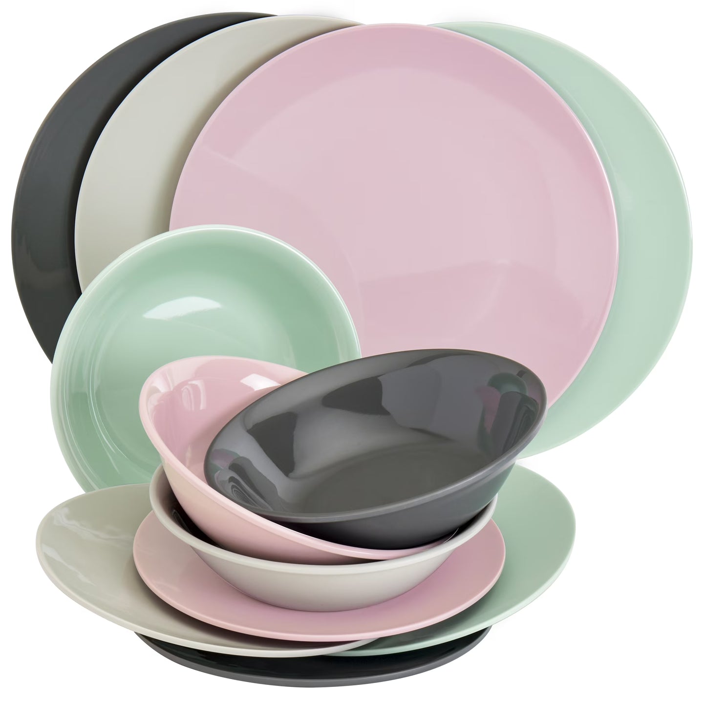 Tabletops Gallery 12 Piece Green Gray Pink Melamine Dinnerware Set Plates Bowls for Indoor/Outdoor Use, Service for 4, Pastel
