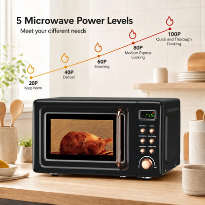 0.7 Cu.Ft Retro Countertop Microwave Oven 700W LED Display Glass Turntable Rose Gold