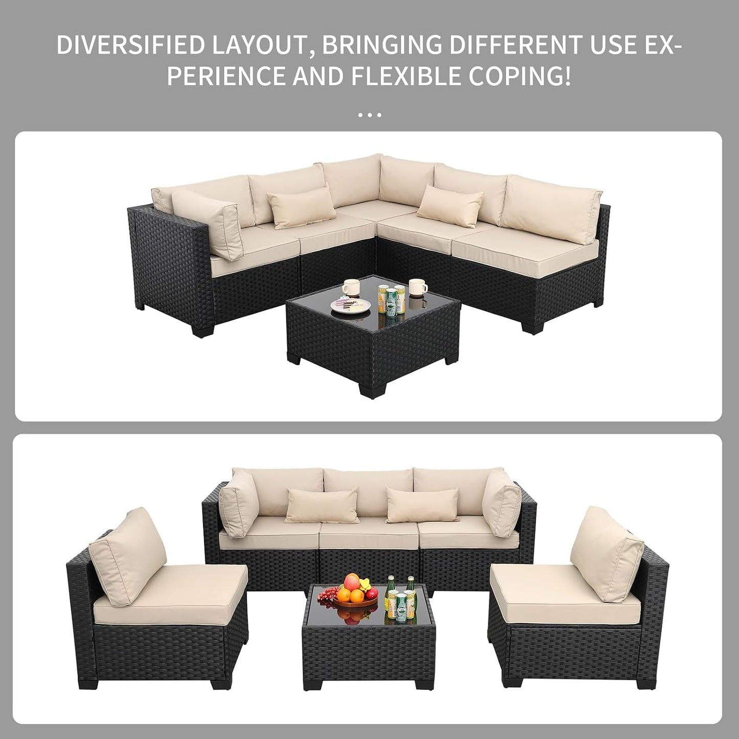 Patio Sectional 6 Pieces All-Weather Wicker Patio Furniture Set Outdoor Sectional with Glass Table Non-Slip Cushions and Waterproof Cover, Khaki
