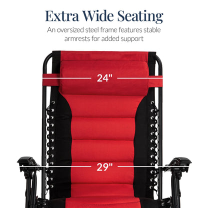 Oversized Padded Zero Gravity Chair, Folding Outdoor Patio Recliner W/ Side Tray - Red