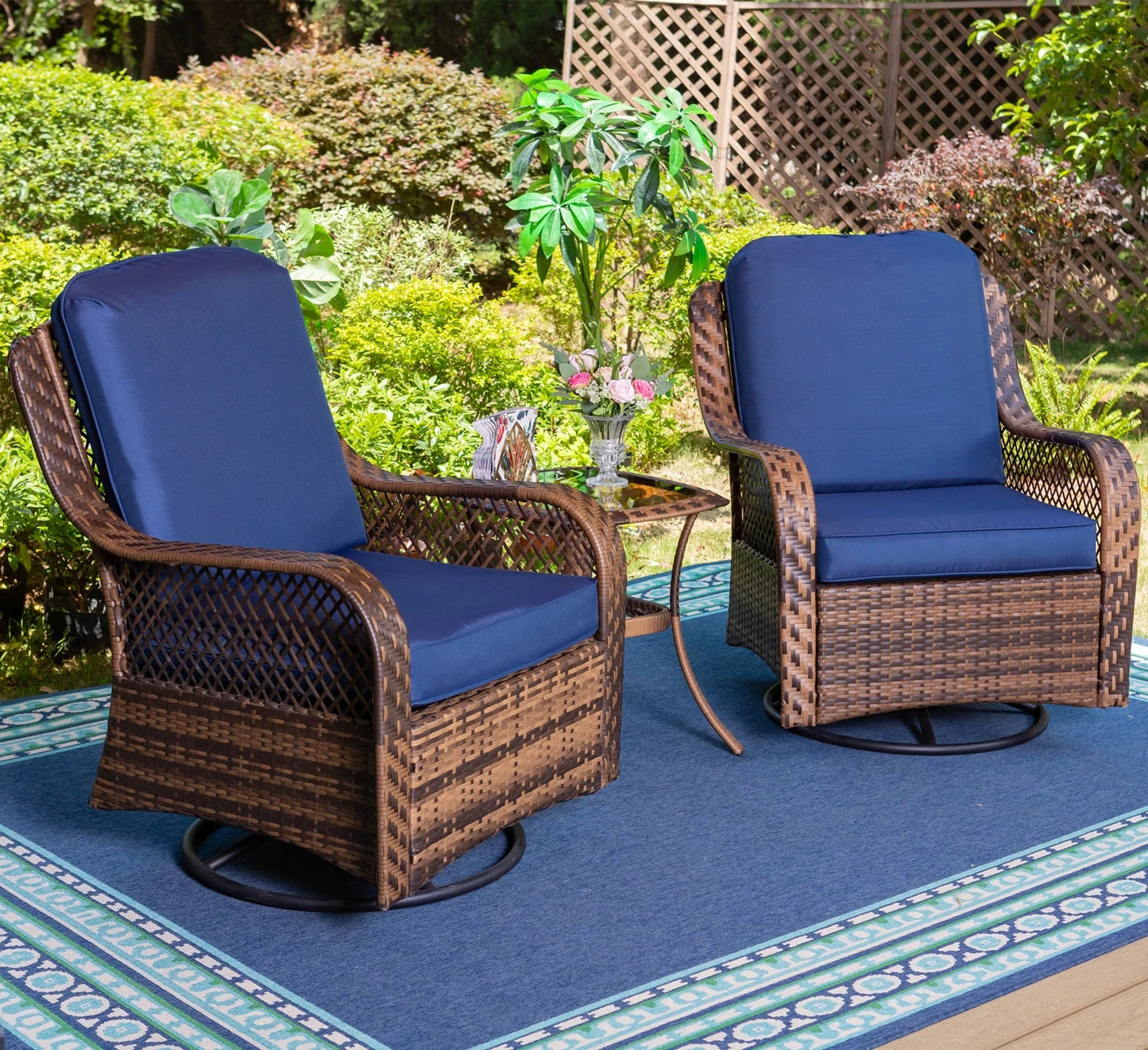 Rattan Swivel Rocking Chairs 3 PC Patio Conversation Set, Outdoor Bistro Set Lawn Garden with 2 Cushioned Chairs & 1 Side Table
