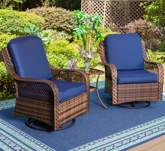 Rattan Swivel Rocking Chairs 3 PC Patio Conversation Set, Outdoor Bistro Set Lawn Garden with 2 Cushioned Chairs & 1 Side Table