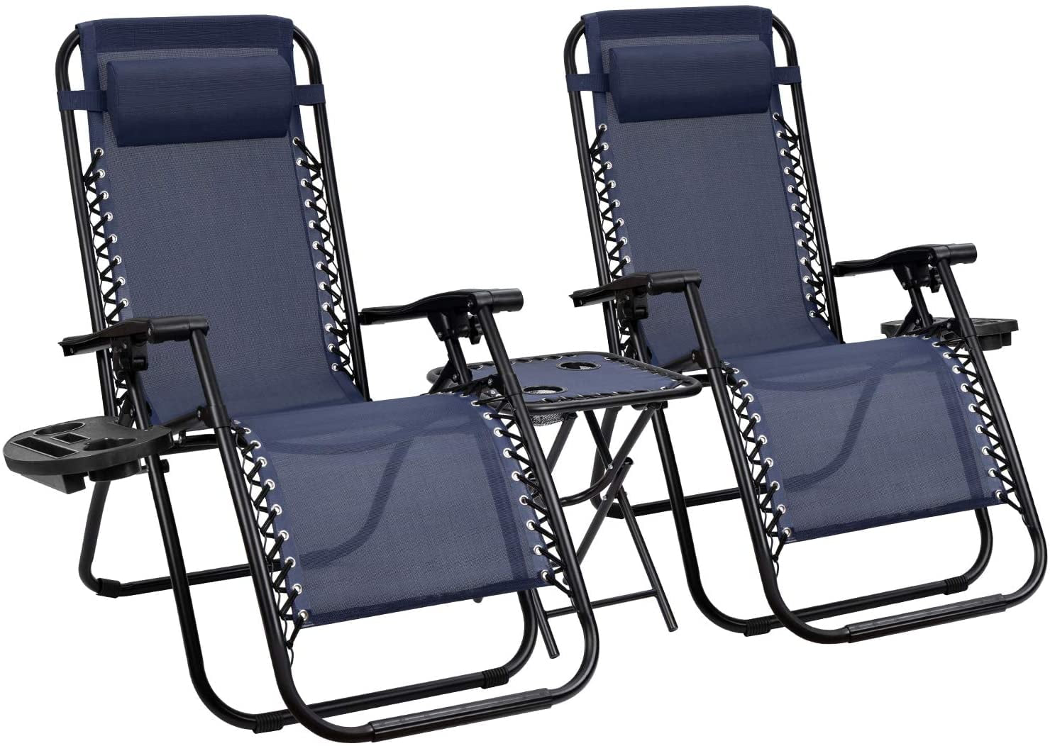 3 Pieces Zero Gravity Chair Patio Foldable Chaise Lounge Chairs 2 Beach Chairs and Table with Cup Holders,Blue