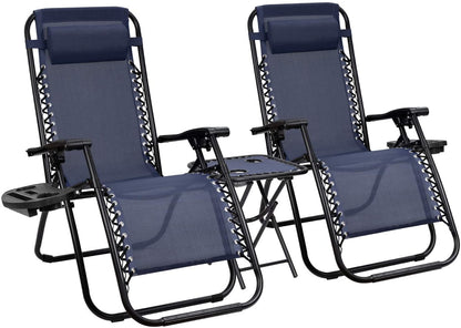 3 Pieces Zero Gravity Chair Patio Foldable Chaise Lounge Chairs 2 Beach Chairs and Table with Cup Holders,Blue