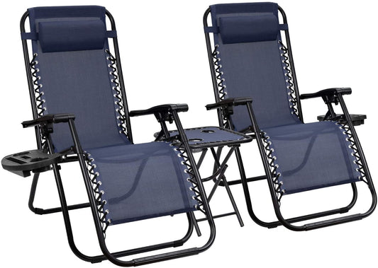 3 Pieces Zero Gravity Chair Patio Foldable Chaise Lounge Chairs 2 Beach Chairs and Table with Cup Holders,Blue