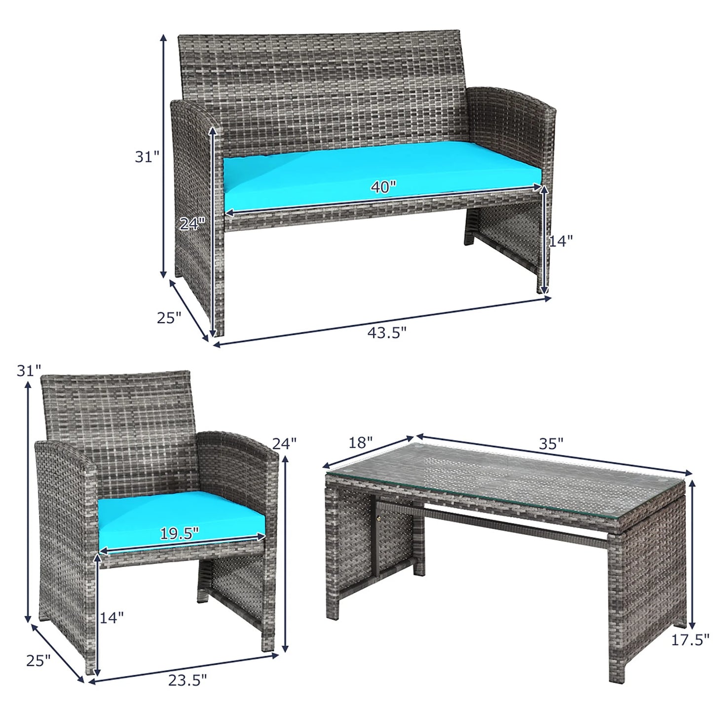 4PCS Patio Rattan Furniture Set Conversation Glass Table Top Cushioned