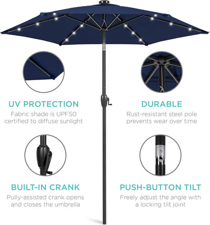 Best Choice Products 7.5Ft Solar Umbrella LED Lighted Patio Umbrella, Table Market Umbrella with Tilt and Crank, Outdoor Umbrella for Garden, Deck, Backyard, Pool and Beach - Navy Blue
