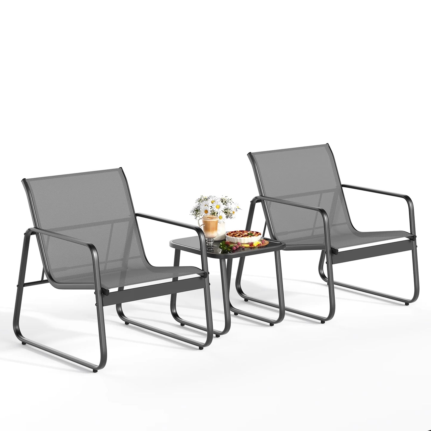 3-Piece Outdoor Bistro Furniture Set, 2-Seater Patio Conversation Chairs with Anti-Rust Metal Frame, Gray