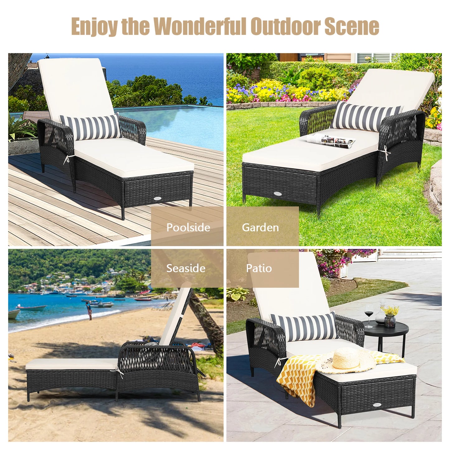 Set of 2 Adjustable Patio Rattan Lounge Chair Chaise Recliner W/ Cushion & Pillow