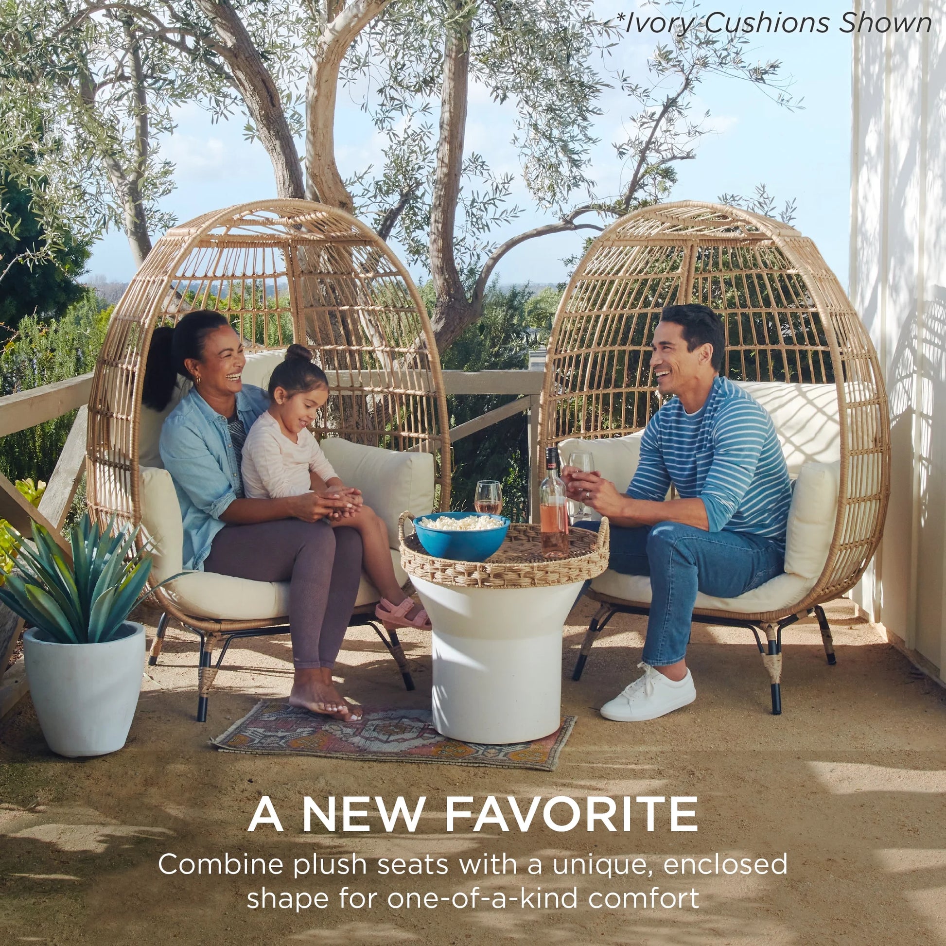 Wicker Egg Chair Oversized Indoor Outdoor Patio Lounger W/ Steel Frame - Navy