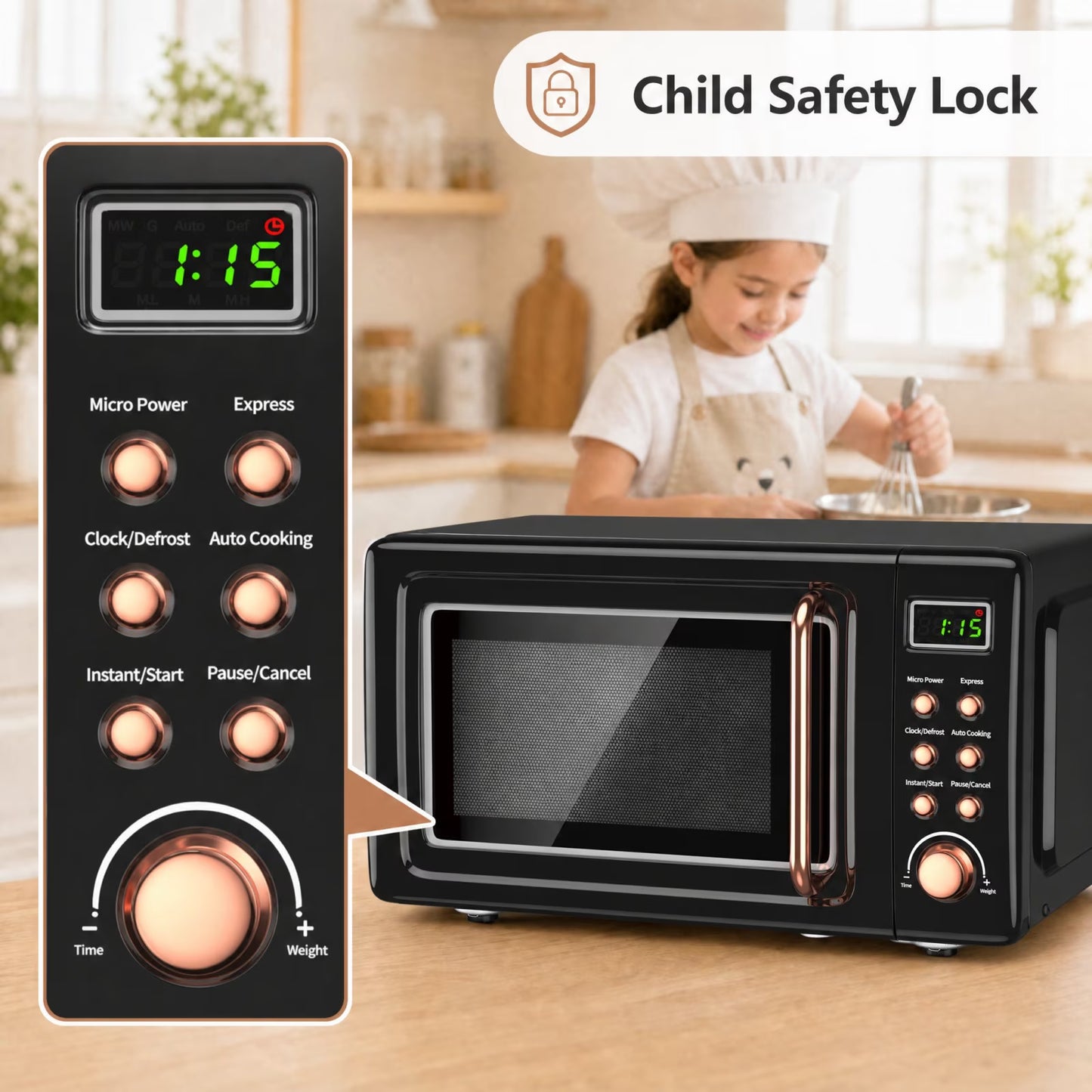 0.7 Cu.Ft Retro Countertop Microwave Oven 700W LED Display Glass Turntable Rose Gold