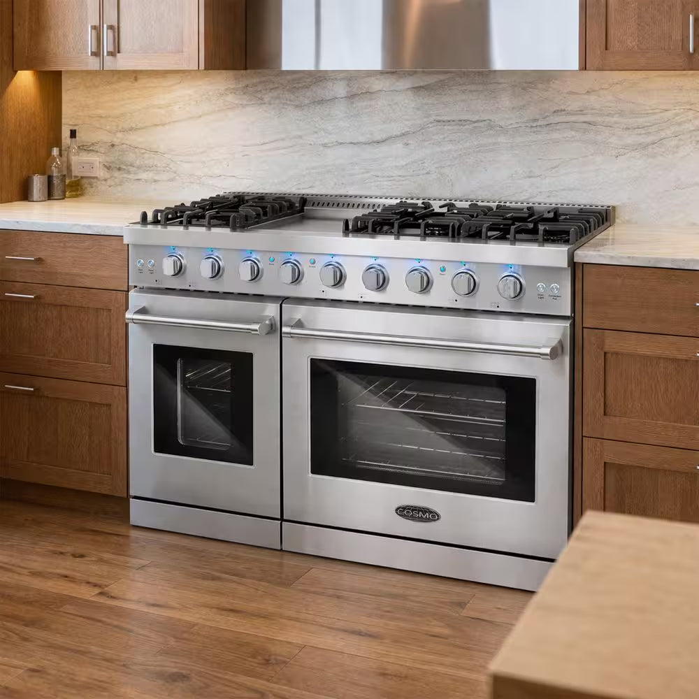 48 In. Haven Collection 7 Cu. Ft. Double Oven Gas Range, 6-Burners, Griddle, Convection, Knob Leds, Stainless Steel