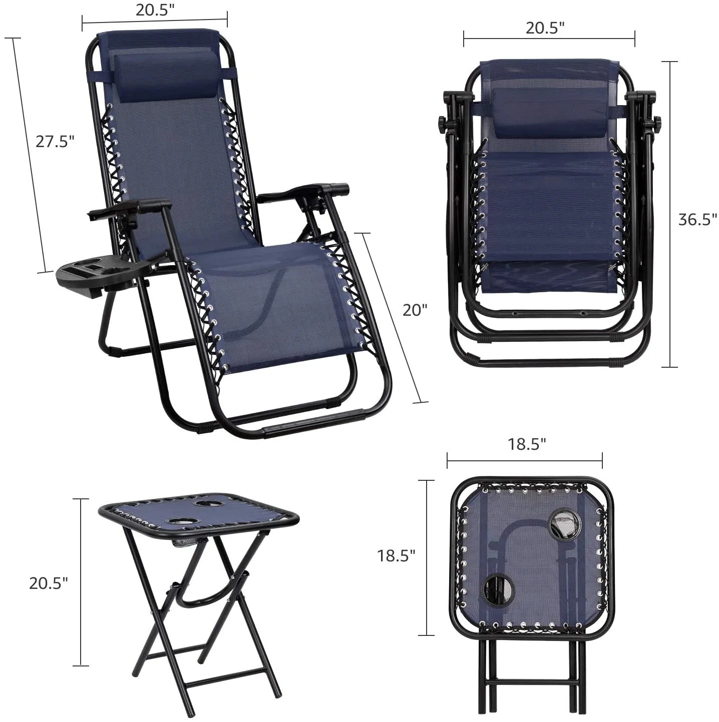 3 Pieces Zero Gravity Chair Patio Foldable Chaise Lounge Chairs 2 Beach Chairs and Table with Cup Holders,Blue