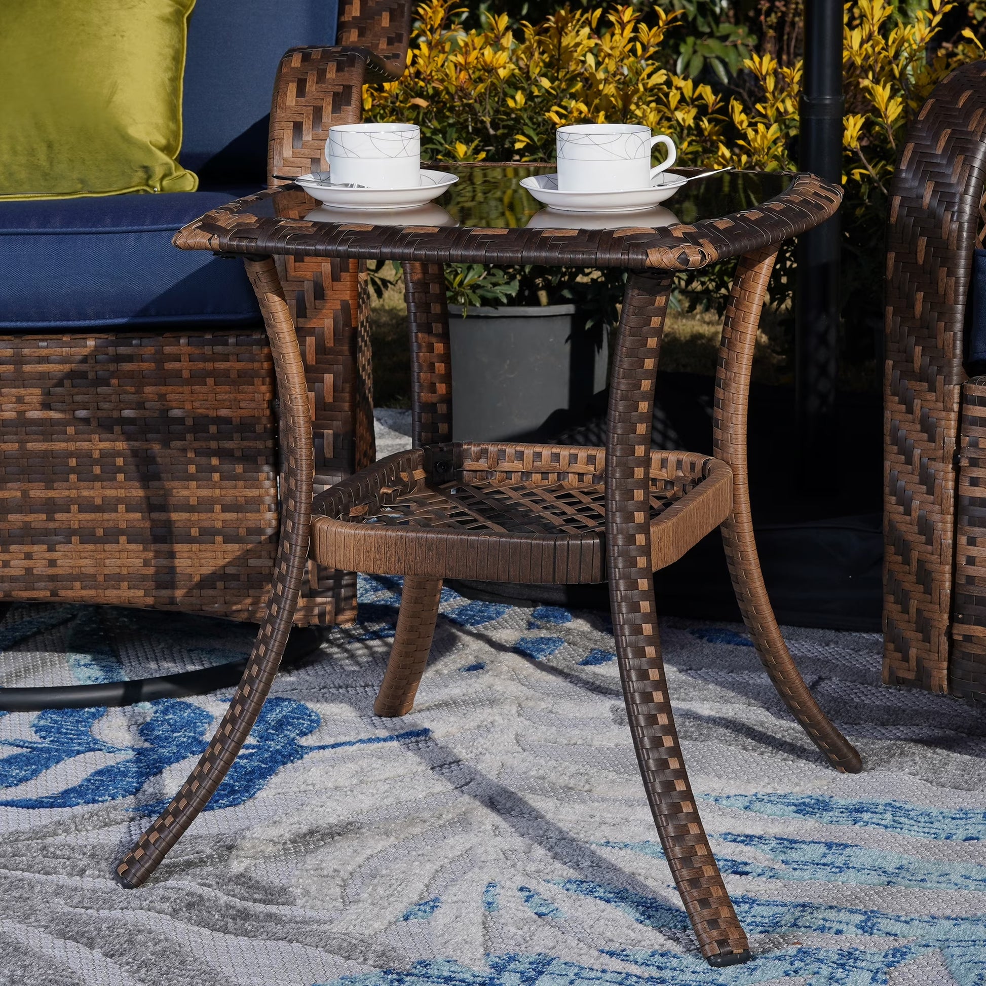Rattan Swivel Rocking Chairs 3 PC Patio Conversation Set, Outdoor Bistro Set Lawn Garden with 2 Cushioned Chairs & 1 Side Table