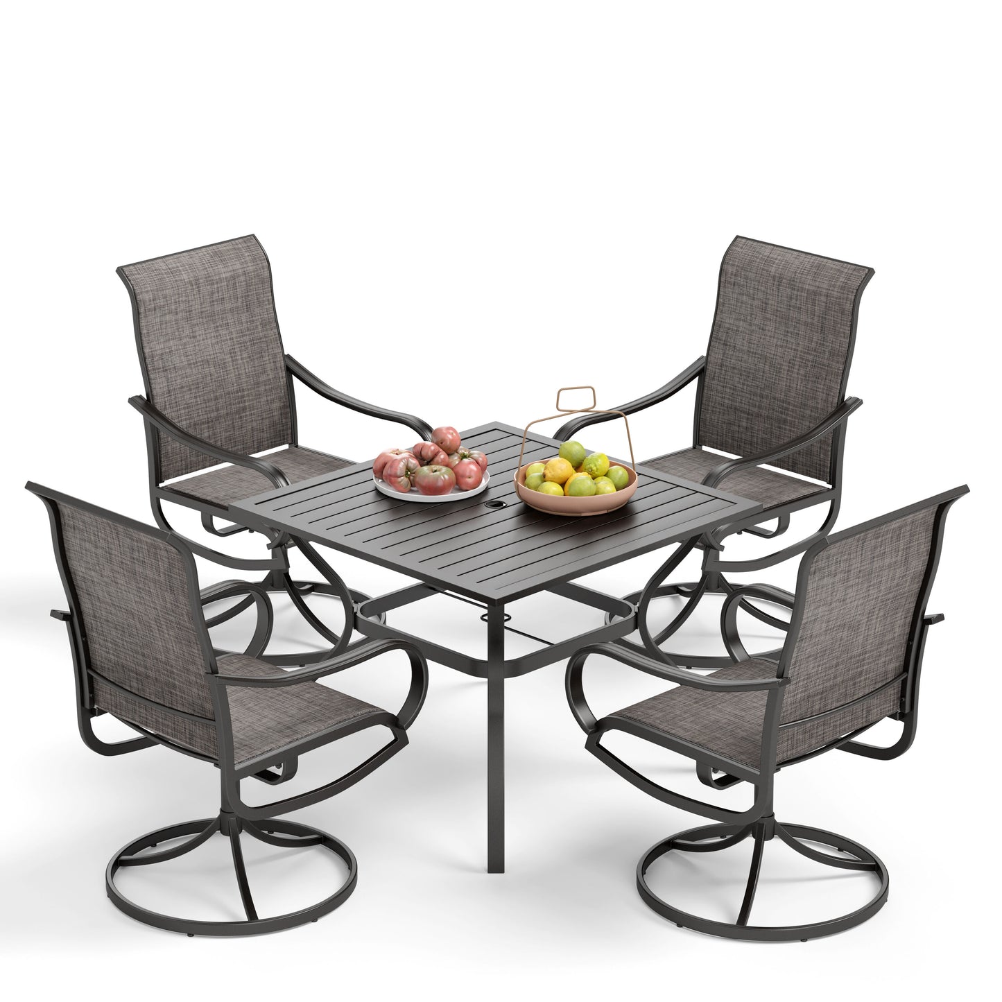 Outdoor Table and Chairs 5 -Piece Black Patio Dining Set Steel Square Table with 4 Brown Swivel Chairs