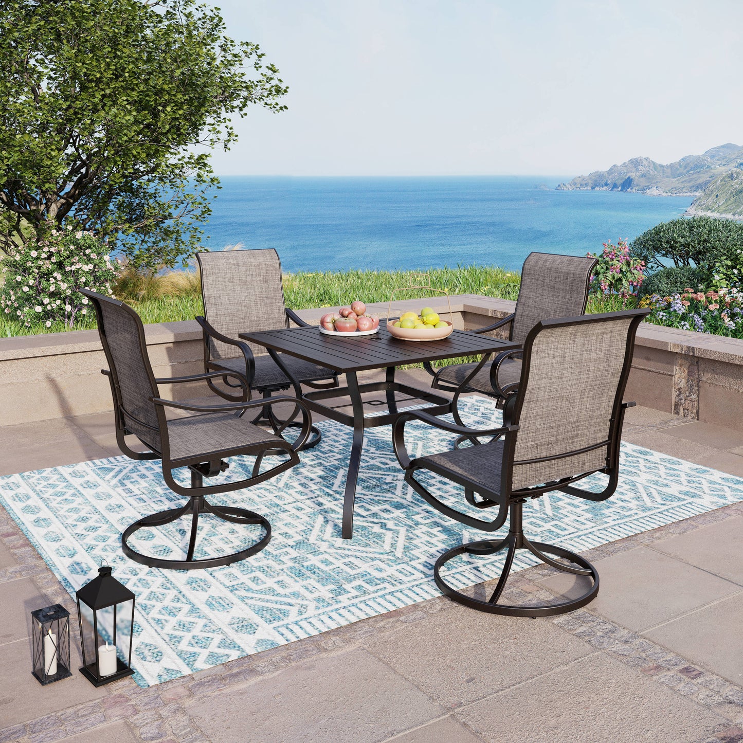 Outdoor Table and Chairs 5 -Piece Black Patio Dining Set Steel Square Table with 4 Brown Swivel Chairs