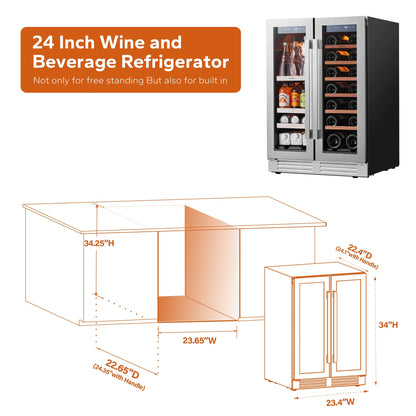 24 Inch Wine and Beverage Refrigerator, Hold 60 Cans and 21 Bottles Dual Zone Wine Fridge with Glass French Door, Built-In or Freestanding