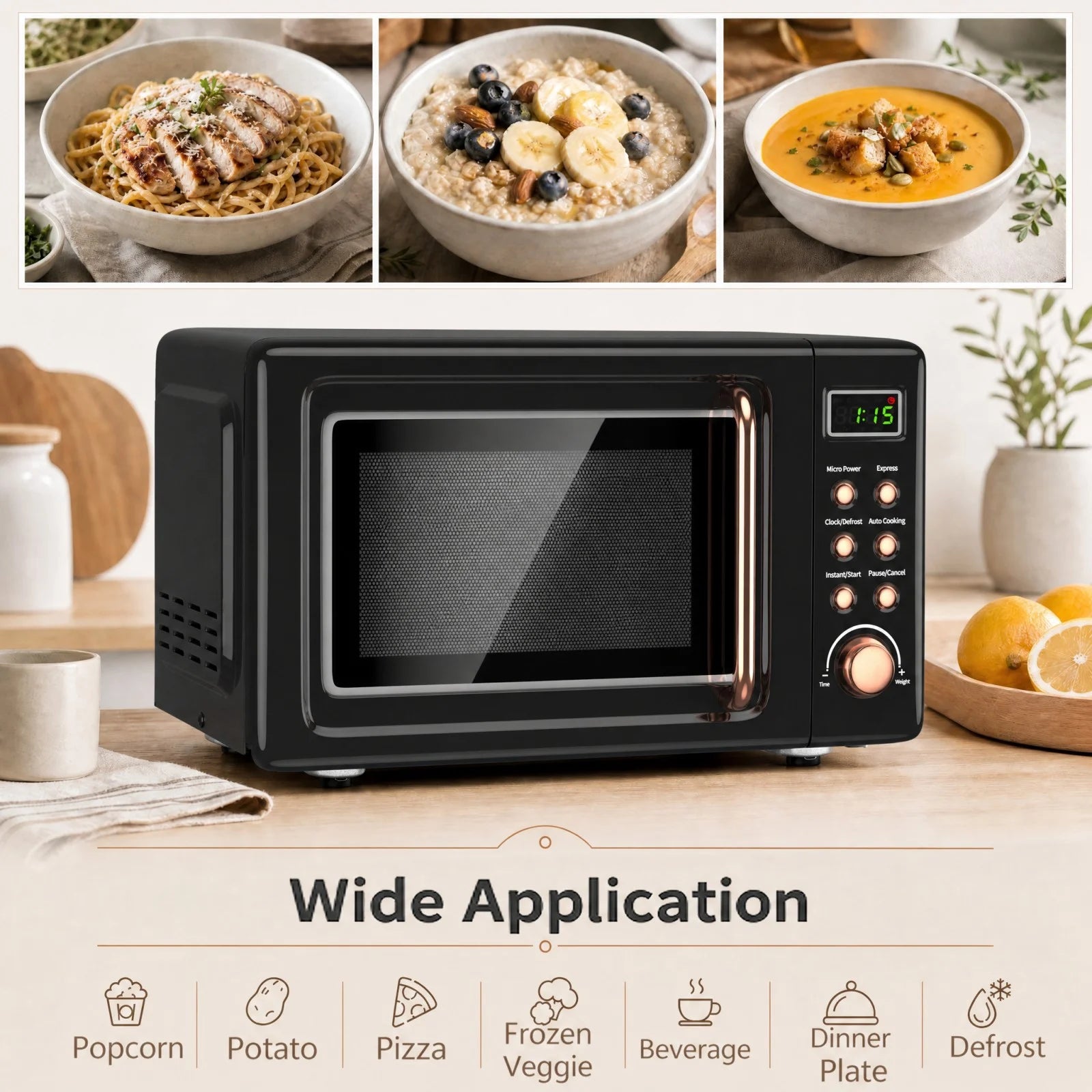 0.7 Cu.Ft Retro Countertop Microwave Oven 700W LED Display Glass Turntable Rose Gold