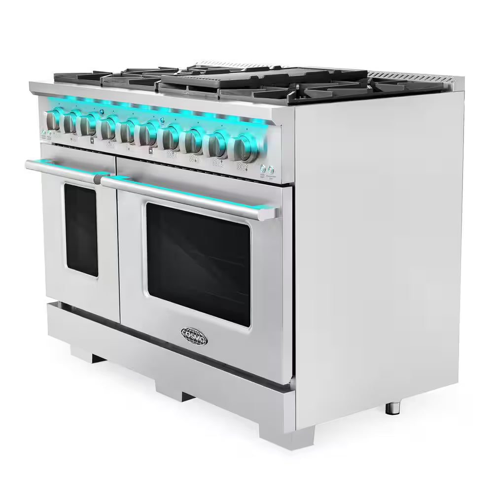48 In. Vista Collection 6.6 Cu. Ft. Double Oven Gas Range, 8-Burners, LED Panel, Cast Iron Grates, Stainless Steel