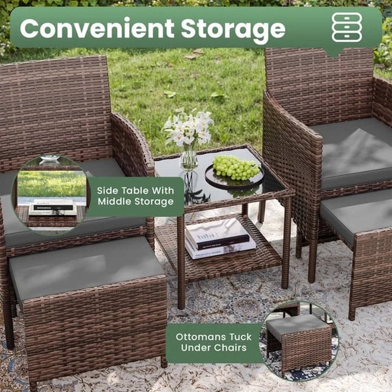 5 Piece Patio Furniture Set, Outdoor Patio Conversation Rattan Chair with Ottomans/Storage Coffee Table for Patio, Space Saving Design for Balcony Poolside Front Porch Deck,Brown Rattan, Gray
