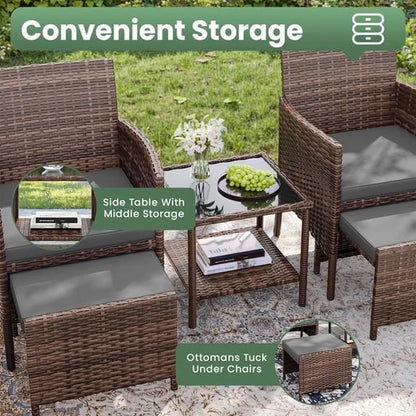 5 Piece Patio Furniture Set, Outdoor Patio Conversation Rattan Chair with Ottomans/Storage Coffee Table for Patio, Space Saving Design for Balcony Poolside Front Porch Deck,Brown Rattan, Gray