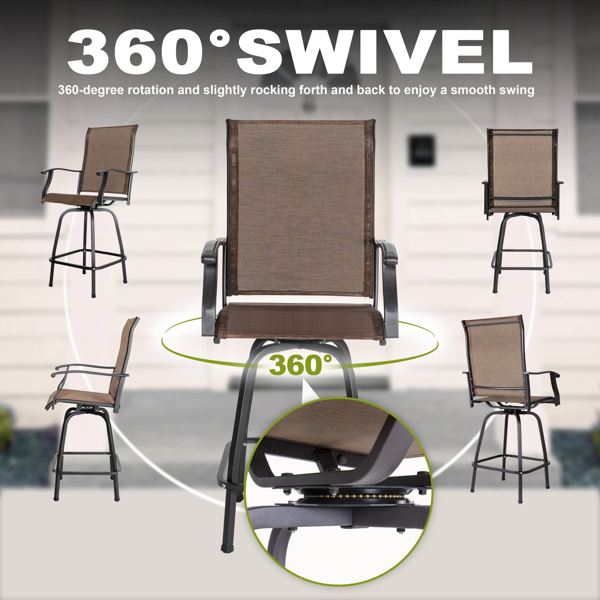 5 -Piece Brown and Black Bar Height Patio Dining Set Iron Square Table with 4 Brown Swivel Chairs