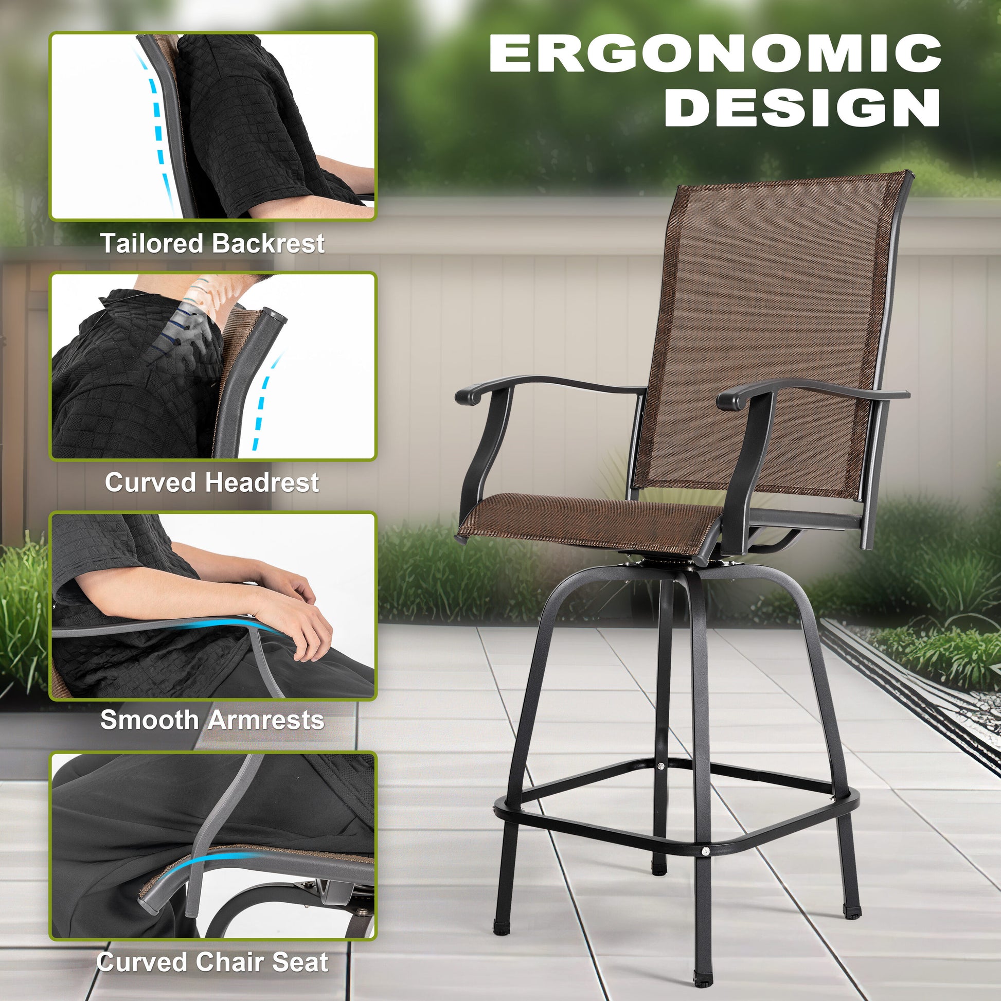 5 -Piece Brown and Black Bar Height Patio Dining Set Iron Square Table with 4 Brown Swivel Chairs