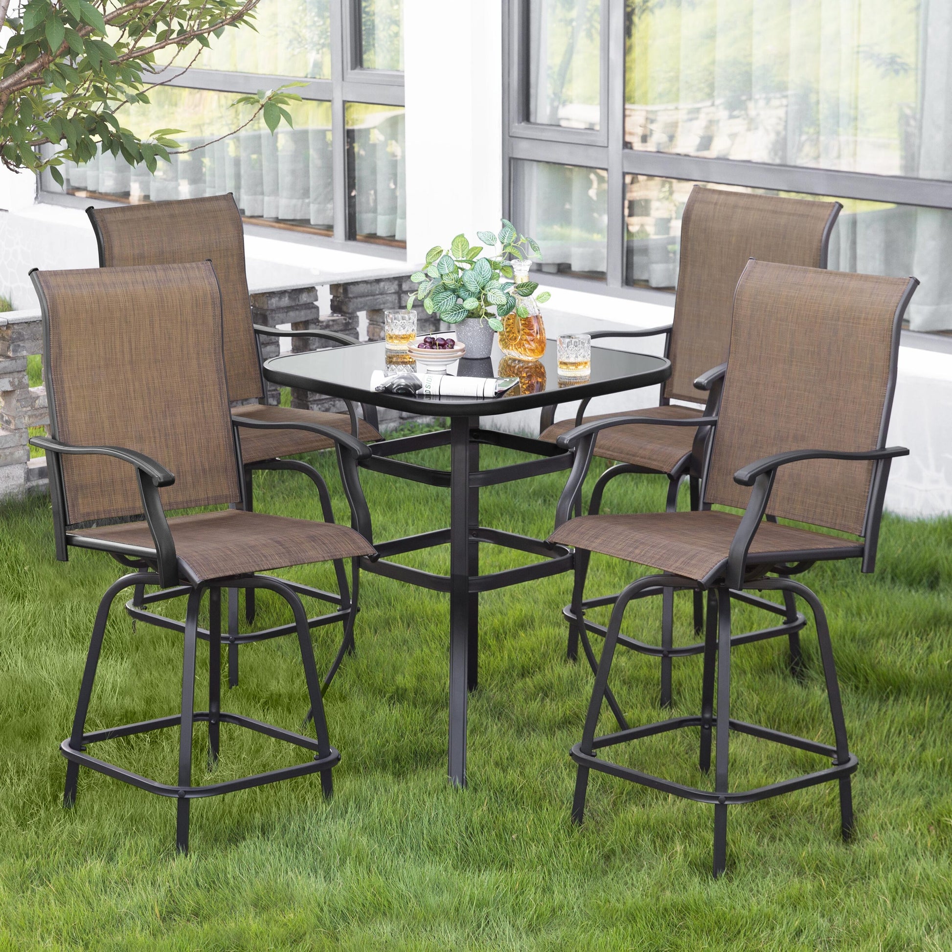 5 -Piece Brown and Black Bar Height Patio Dining Set Iron Square Table with 4 Brown Swivel Chairs