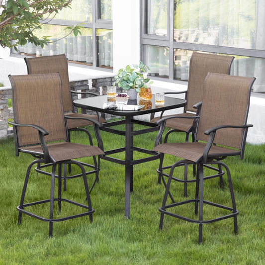 5 -Piece Brown and Black Bar Height Patio Dining Set Iron Square Table with 4 Brown Swivel Chairs