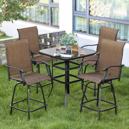 5 -Piece Brown and Black Bar Height Patio Dining Set Iron Square Table with 4 Brown Swivel Chairs