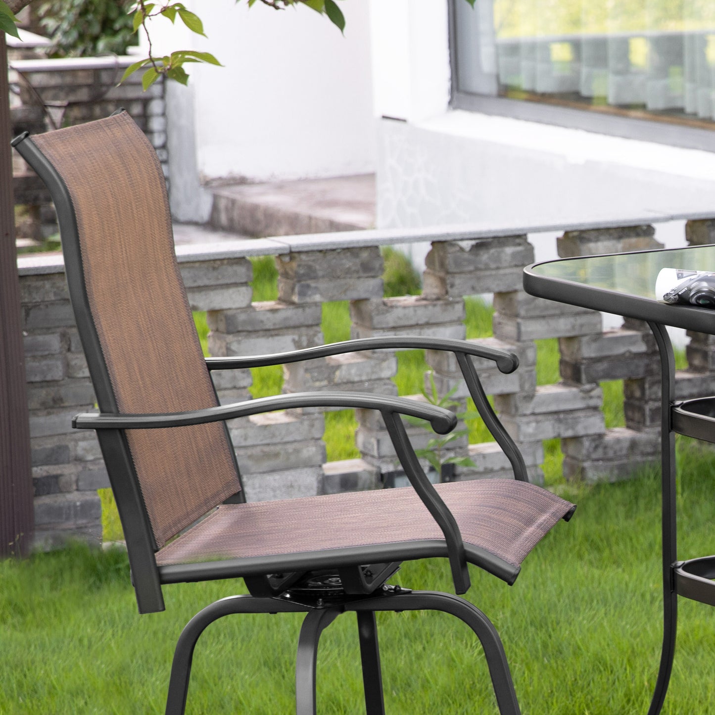 5 -Piece Brown and Black Bar Height Patio Dining Set Iron Square Table with 4 Brown Swivel Chairs