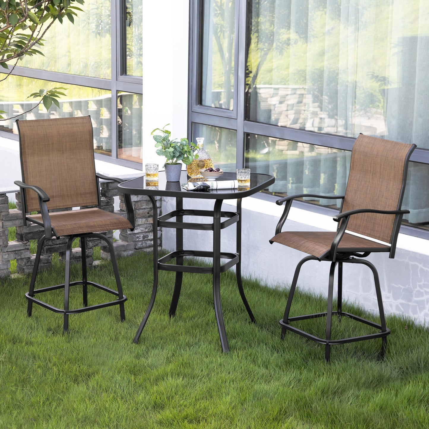 5 -Piece Brown and Black Bar Height Patio Dining Set Iron Square Table with 4 Brown Swivel Chairs