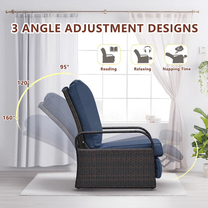 Outdoor Patio Adjustable Wicker Reclining Chair,Navy Blue