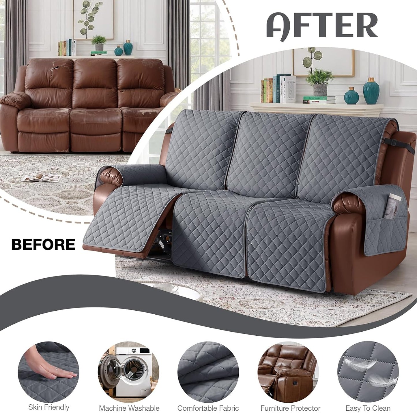 100% Waterproof Recliner Sofa Cover, Reclining Couch Covers for Pets, Dogs, Recliner Couch Slipcover Furniture Protector with Elastic Straps for Kids(3 Seater, Dark Gray)