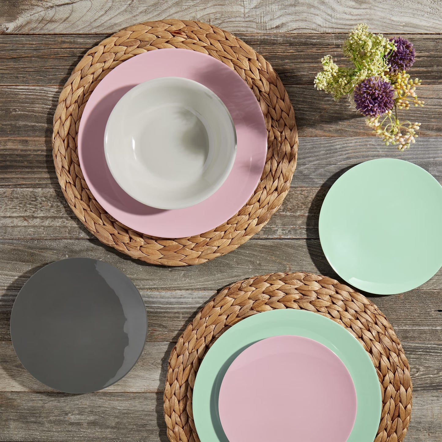 Tabletops Gallery 12 Piece Green Gray Pink Melamine Dinnerware Set Plates Bowls for Indoor/Outdoor Use, Service for 4, Pastel