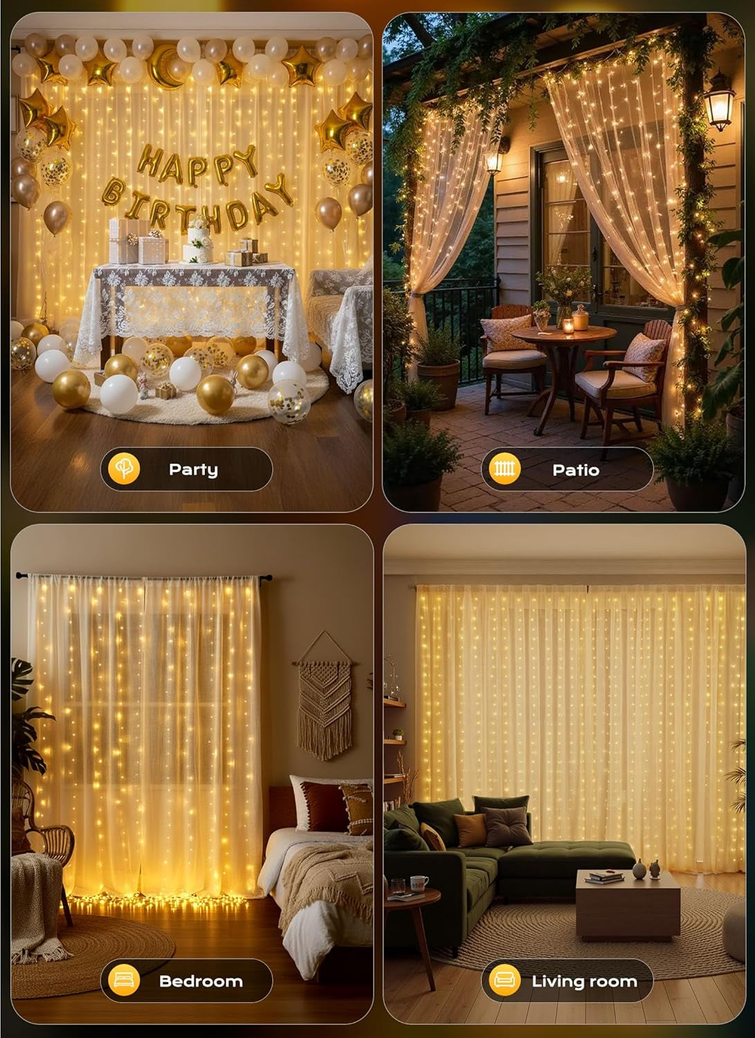 300 LED Curtain Lights, 9.8 FT Plug in Fairy Lights for Bedroom, 8 Lighting Modes, Christmas String Lights for Window Wall Wedding Party Birthday Christmas Decorations, Warm White