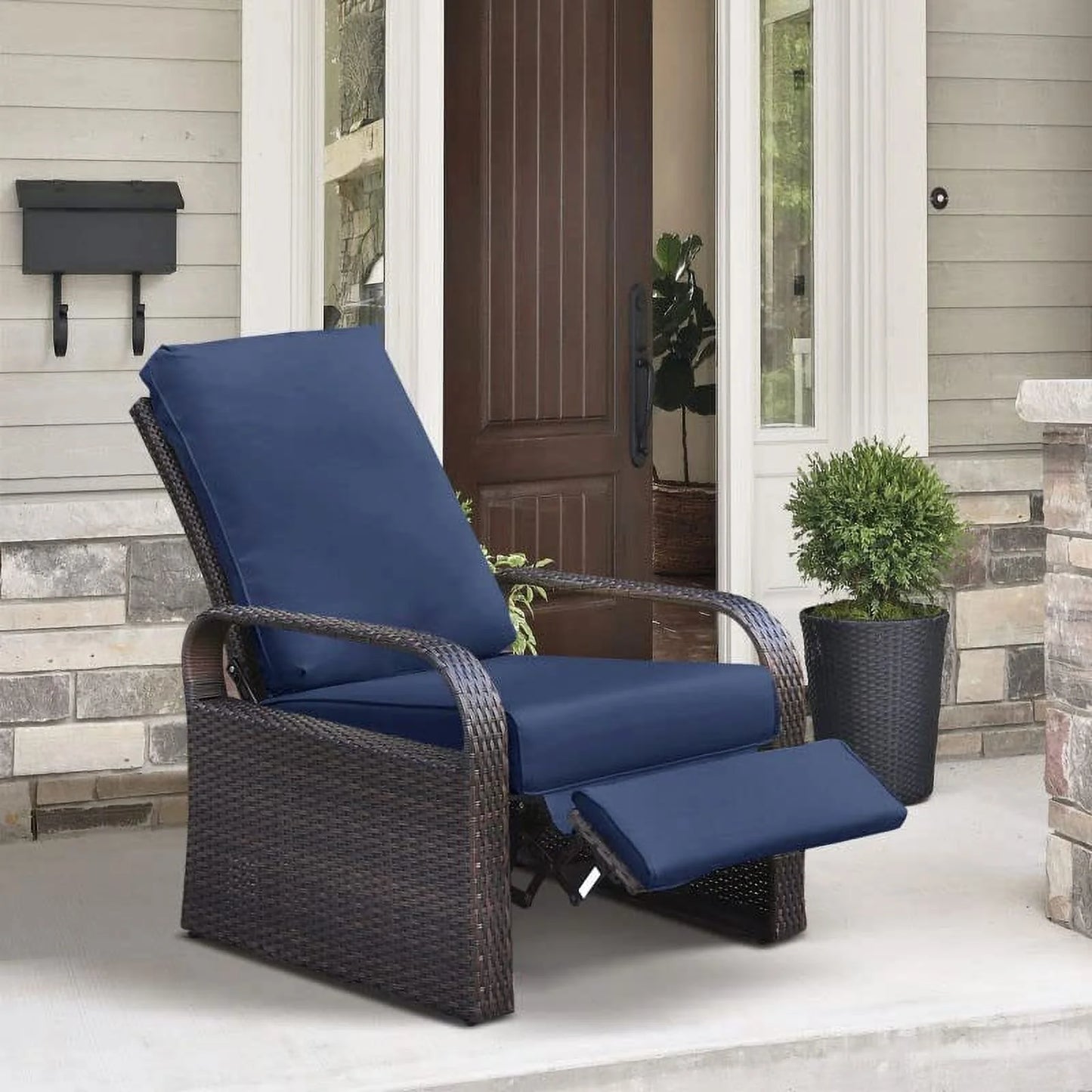 Outdoor Patio Adjustable Wicker Reclining Chair,Navy Blue