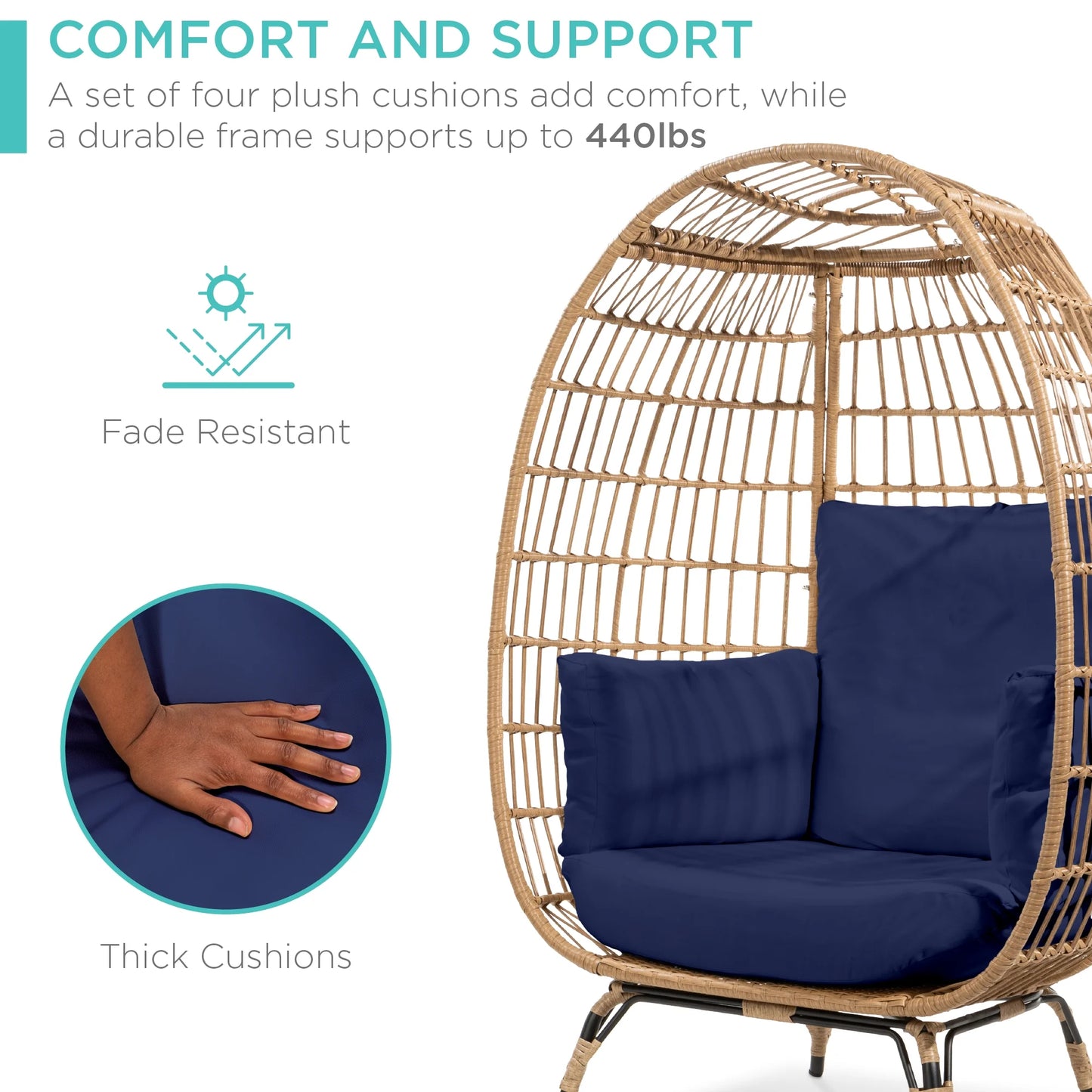 Wicker Egg Chair Oversized Indoor Outdoor Patio Lounger W/ Steel Frame - Navy