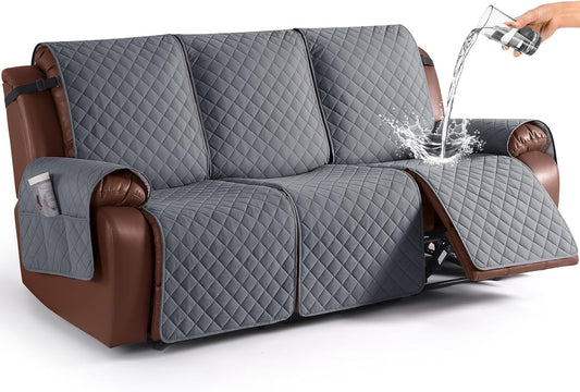 100% Waterproof Recliner Sofa Cover, Reclining Couch Covers for Pets, Dogs, Recliner Couch Slipcover Furniture Protector with Elastic Straps for Kids(3 Seater, Dark Gray)