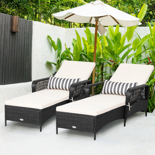 Set of 2 Adjustable Patio Rattan Lounge Chair Chaise Recliner W/ Cushion & Pillow