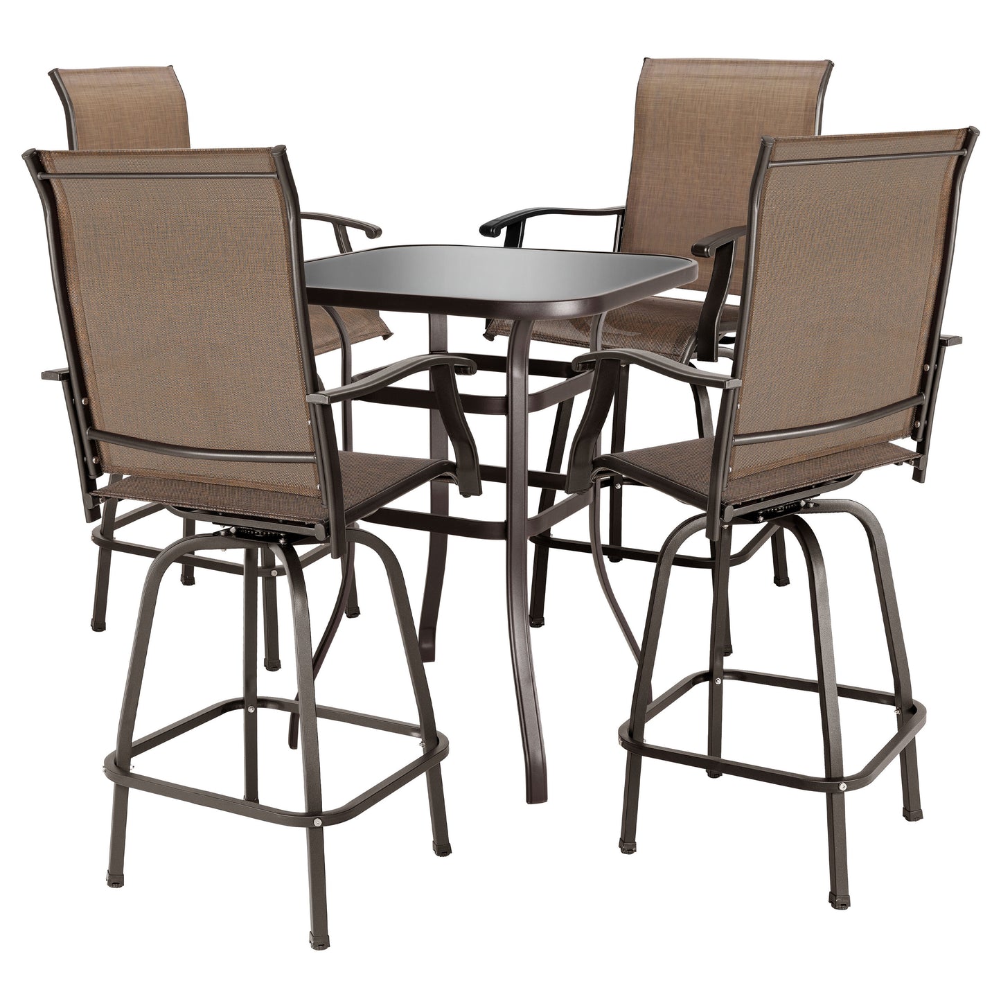 5 -Piece Brown and Black Bar Height Patio Dining Set Iron Square Table with 4 Brown Swivel Chairs