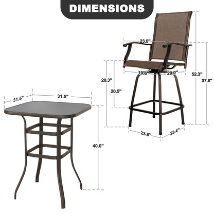 5 -Piece Brown and Black Bar Height Patio Dining Set Iron Square Table with 4 Brown Swivel Chairs