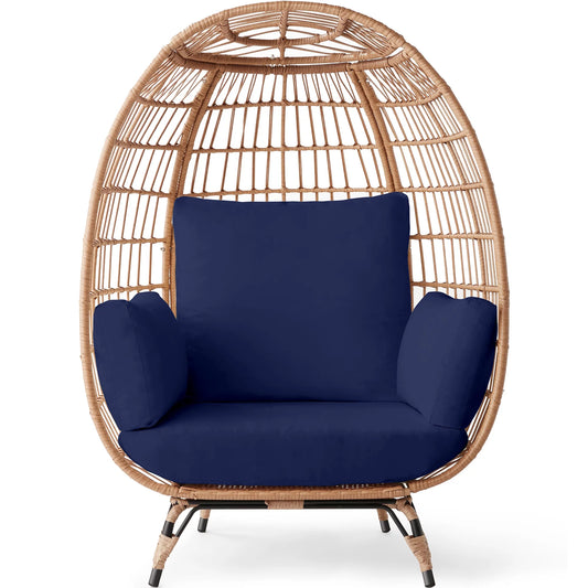 Wicker Egg Chair Oversized Indoor Outdoor Patio Lounger W/ Steel Frame - Navy