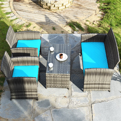 4PCS Patio Rattan Furniture Set Conversation Glass Table Top Cushioned