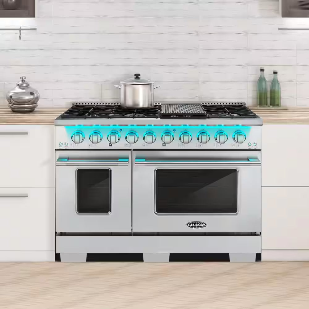 48 In. Vista Collection 6.6 Cu. Ft. Double Oven Gas Range, 8-Burners, LED Panel, Cast Iron Grates, Stainless Steel