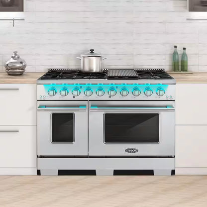 48 In. Vista Collection 6.6 Cu. Ft. Double Oven Gas Range, 8-Burners, LED Panel, Cast Iron Grates, Stainless Steel