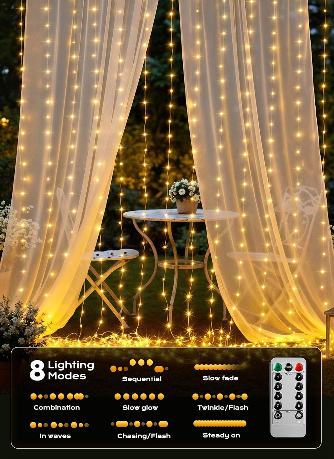 300 LED Curtain Lights, 9.8 FT Plug in Fairy Lights for Bedroom, 8 Lighting Modes, Christmas String Lights for Window Wall Wedding Party Birthday Christmas Decorations, Warm White